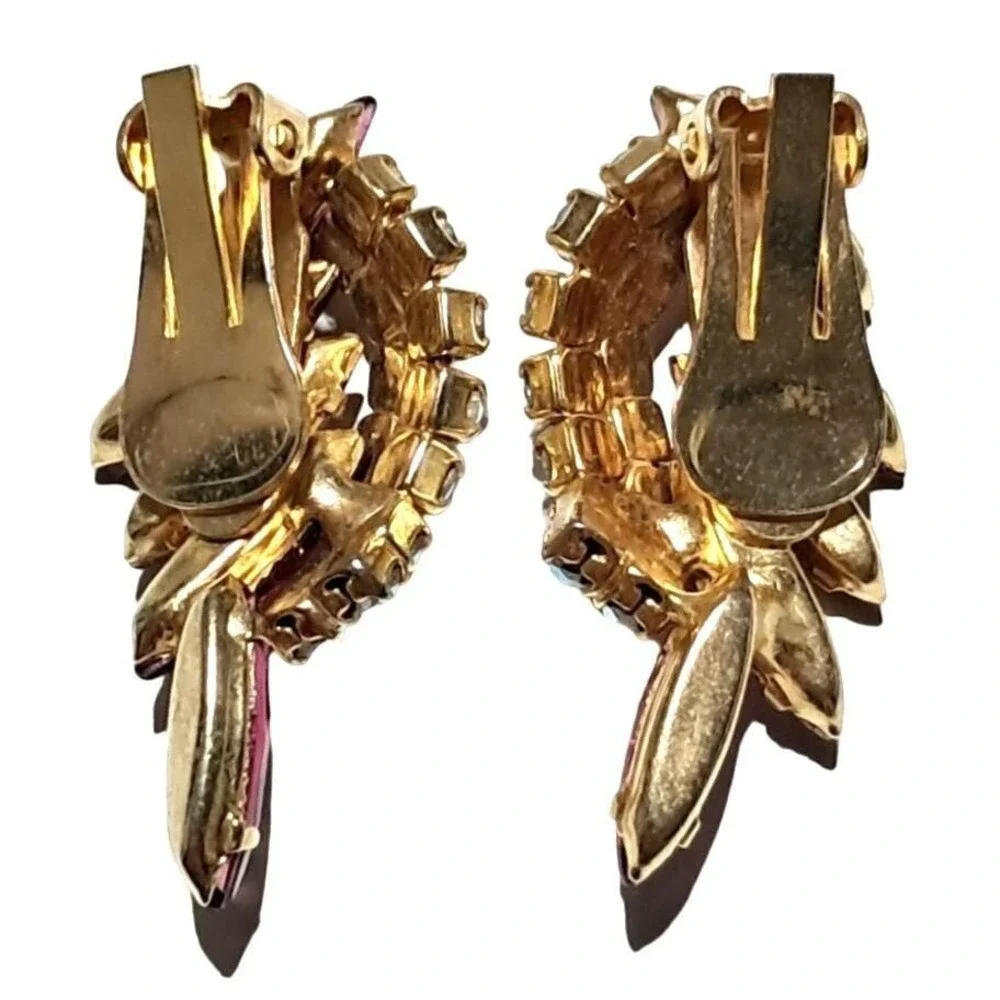 Vintage Pink Rhinestone Earrings with Aurora Borealis Ear Climbers Gold Tone Cli